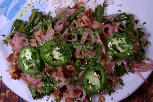 Green beans bacon and pickled red onions